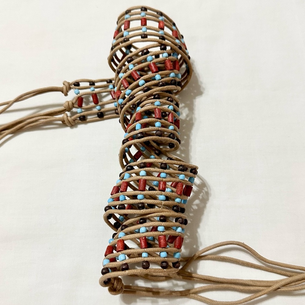 Vintage Adjustable Red, Blue, Brown Beaded Boho Rope Belt with Long Tassel Ties